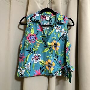 S.L.B. 100% Silk Tropical Floral Multi Color Vintage Wrap Blouse